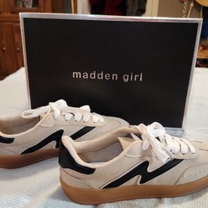 Madden Girl Beige Suede Sneakers with Black Accent and Gum Sole
